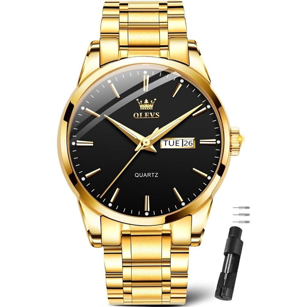 Olevs Men's Gold Steel Black-Dial Waterproof Stainless Luminous Stylish Watch